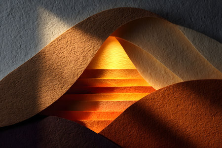 A visually striking abstract representation of a mountain landscape, utilizing layered textured paper with warm gradient colors. the play of light and shadow creates depth and movement, ideal for contemporary art prints and creative design projects. Generative AIの素材