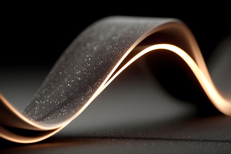 A striking abstract image features a glowing wave-like form against a dark background. the illuminated curve showcases a shimmering, glittering texture that adds depth and elegance, ideal for contemporary art or decorative design. Generative AIの素材