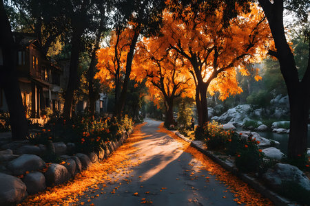 A serene autumn scene featuring a tree-lined pathway illuminated by the golden glow of the setting sun. vibrant orange leaves blanket the ground, creating a picturesque and tranquil fall atmosphere perfect for seasonal decoration and inspiration. Generative AIの素材