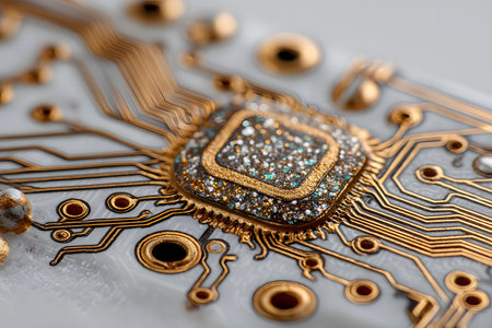Close-up of a futuristic microchip featuring intricate gold circuitry and embedded crystals. the detailed design highlights advanced technology and artistic aesthetics, symbolizing innovation in electronics and materials science. Generative AIの素材