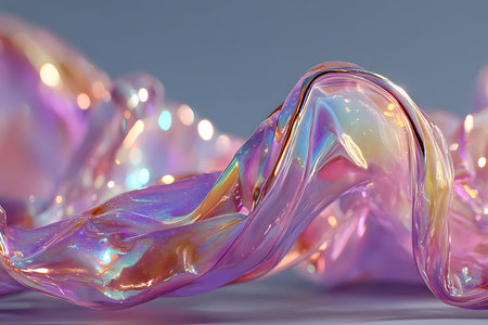 Iridescent folds of translucent material create a captivating abstract art piece. the blend of soft purple, pink, and orange hues evokes a sense of fluidity and motion, perfect for contemporary decor and creative projects. Generative AIの素材