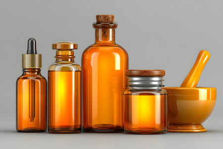 A collection of vintage-style glass bottles and a mortar and pestle set against a neutral backdrop. highlighting natural wellness, herbal remedies, and aromatherapy with warm amber hues. Generative AIの素材