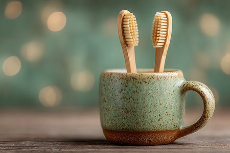 Bamboo toothbrushes sit in a rustic ceramic cup against a soft-focus, bokeh-filled background. the image emphasizes eco-friendly living and sustainability, showcasing natural materials in a minimalist and aesthetically pleasing setup. Generative AIの素材