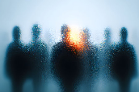 A surreal image featuring shadowy figures standing behind frosted glass, creating an eerie and mysterious atmosphere. the central figure is highlighted by an orange glow, enhancing the sense of intrigue and abstraction. Generative AIの素材