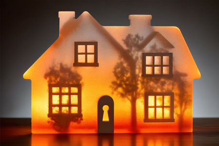 A translucent house silhouette softly illuminated from behind, casting tree shadows for a warm, inviting atmosphere. perfect for interior design themes conveying coziness, warmth, and home aesthetics. Generative AIの素材