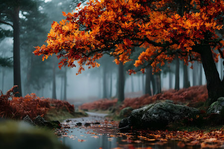 A serene autumn scene unfolds with vibrant orange leaves on overhanging branches, contrasting against a misty forest backdrop. a gentle stream flows amidst rocks, creating a tranquil, scenic allure perfect for nature-inspired prints. Generative AIの素材