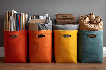 Four colorful storage bins showcase organized document and paper storage, blending functional design with vibrant aesthetics. perfect for home or office settings, promoting efficiency and tidiness. Generative AIの素材