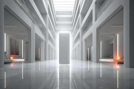 A sleek, futuristic hallway features a glowing central monolith surrounded by modern architectural elements. the high ceiling and white surfaces create a bright, minimalist space with ambient lighting and reflective floors. Generative AIの素材