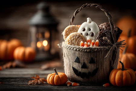 A festive halloween basket brimming with ghost-shaped cookies, candy corn, and autumn treats. surrounded by mini pumpkins and a rustic lantern, it evokes a warm and cozy fall atmosphere, inviting seasonal celebration. Generative AIの素材