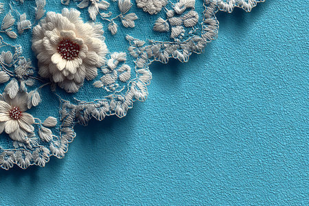 Intricate white floral lace with delicate embroidery accents a textured blue surface, offering a versatile element for decorative projects, fashion design, or crafts. the combination enhances elegance and creativity. Generative AIの素材
