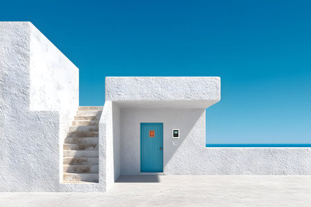 Minimalist mediterranean-style architecture featuring a bright blue door and white stone walls under a clear blue sky. a staircase leads to an upper level, creating a seamless blend of geometric shapes and coastal charm. Generative AIの素材