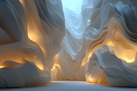 Surreal abstract interior featuring layered, organic forms in white with soft, warm lighting. the scene evokes a futuristic ambiance, combining elements of sculpture and architecture, ideal for modern art and design inspiration. Generative AIの素材