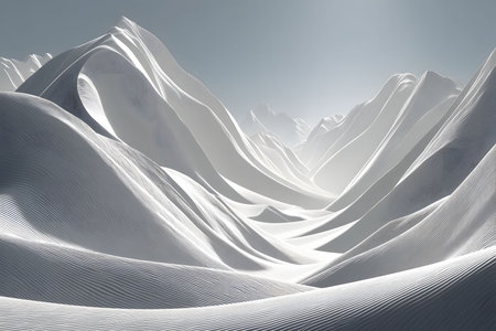 Abstract representation of snow-covered mountains featuring smooth, flowing curves and pristine white snow under soft lighting. the serene winter landscape evokes tranquility with its minimalist style and ethereal beauty. Generative AIの素材