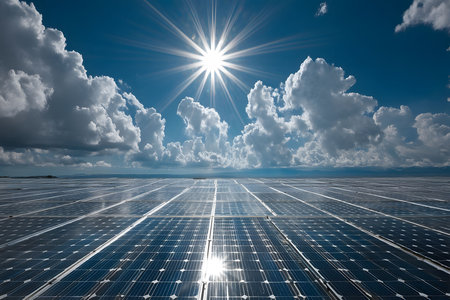 Vast solar panel array under a vibrant blue sky with dynamic cloud formations highlights the potential of renewable energy. sunlight reflecting off panels emphasizes sustainable energy solutions. Generative AIの素材