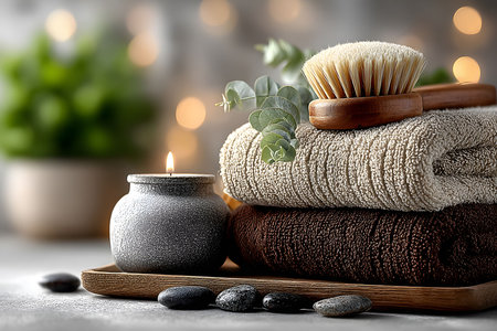 Soft focus on spa essentials including plush towels, a natural fiber brush, a lit candle, and eucalyptus leaves. smooth stones and a plant in the background enhance the tranquil, soothing atmosphere. Generative AIの素材