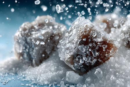 Sugar cubes are shown covered in glistening crystals, set against a blue background. the image highlights the texture and sparkle of the sugar, making it ideal for food and beverage design concepts. Generative AIの素材
