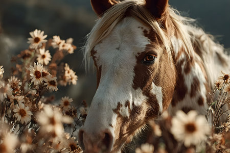 Majestic brown and white horse stands gracefully amidst blooming wildflowers, its striking coat pattern. the serene natural backdrop enhances the peaceful and idyllic ambiance, creating a harmonious connection with nature. Generative AIの素材