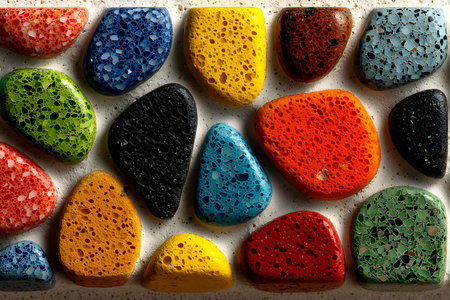 Vibrant, assorted stones with diverse textures and colors create a striking visual pattern. ideal for backgrounds, design projects, or artistic concepts that demand a pop of color and organic feel. Generative AIの素材