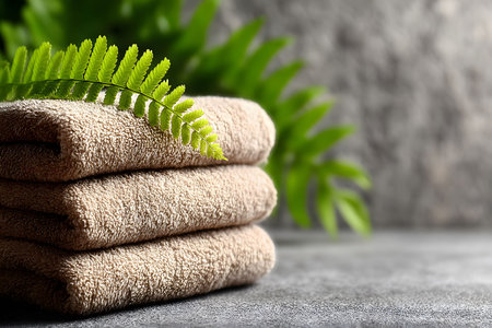 Soft, beige towels stacked neatly with a delicate fern leaf, set against a textured gray background. the integration of natural elements suggests tranquility, promoting a serene spa ambiance perfect for relaxation and rejuvenation themes. Generative AIの素材