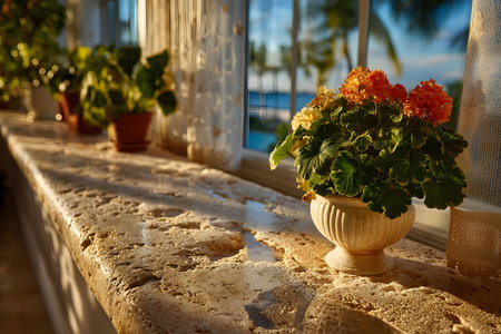 Potted flowers bask in the warm glow of sunlight on a rustic stone ledge inside a tropical-themed room. palms and ocean waves are visible through large windows, creating a serene and refreshing ambiance. Generative AIの素材