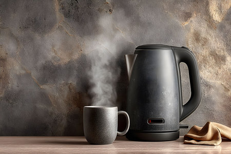 Black electric kettle with steam rising from a ceramic mug, set against a textured stone background. ideal for kitchen decor themes, emphasizing modern design, warmth, and contemporary lifestyle. Generative AIの素材