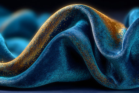 Elegant flowing fabric in rich blue and gold hues, showcasing intricate textures and shimmering details. perfect for luxury design concepts, textile inspiration, or high-end fashion themes. Generative AIの素材