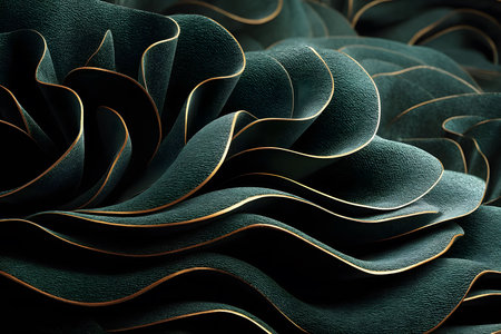Curved dark green shapes with gold accents form a striking abstract pattern. the intricate design features textured surfaces that create a sense of depth, making it ideal for modern decor and artistic applications. Generative AIの素材