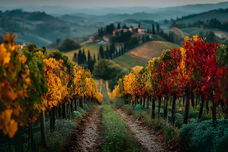 Vibrant autumn colors animate a serene tuscan vineyard at sunset, creating a picturesque scene with lush rolling hills and a distant rustic villa under a fading sky. perfect for wall art and prints. Generative AIの素材