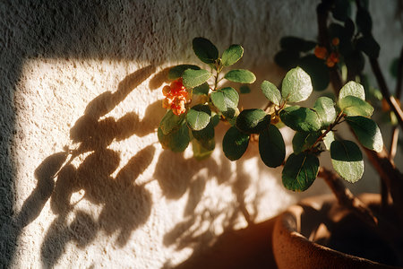 A green plant with orange flowers is illuminated by sunlight, casting intricate shadows on a textured wall. the warm glow and detailed shadows create an inviting atmosphere, perfect for natural home decor or relaxation-themed designs. Generative AIの素材