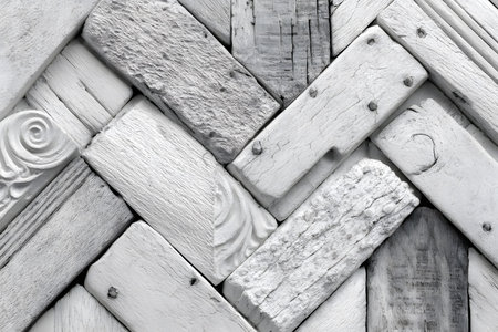 A close-up view of a textured, rustic whitewashed wood pattern featuring an intricate arrangement of various wooden planks. the combination of rough and smooth textures offers a versatile aesthetic for interior design projects and backgrounds. Generative AIの素材
