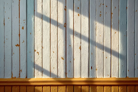 Weathered wooden wall panels with peeling paint exhibit a rustic aesthetic. sunlight casts dynamic shadows, creating an interplay of light and texture, ideal for use in interior decor, backgrounds, or design projects. Generative AIの素材