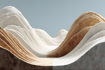 Abstract geometric landscape featuring elegant, textured layers resembling natural waves. the soft gradient of earth-tones and fluid curves create a harmonious and modern design suitable for artistic purposes. Generative AIの素材