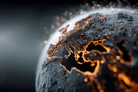 A visually striking digital rendering of earth emphasizes europe with glowing contours. the abstract design uses contrasting dark and light, evoking themes of global connectivity and modern technology. Generative AIの素材