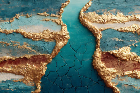 A striking abstract painting featuring textured blue and gold elements with intricate crack patterns. the blend of metallic gold against rich blues and earth tones evokes a vibrant, artistic landscape. Generative AIの素材