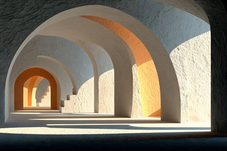 A tranquil arched corridor bathed in warm sunlight, casting dynamic shadows on textured stone walls. the interplay of light and shadow highlights curvature and depth, illustrating minimalist architectural beauty and design harmony. Generative AIの素材