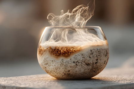 A steaming beverage with a rich, frothy texture in a transparent, rounded glass cup. the wafting steam and textured surface evoke a sense of warmth and aroma, ideal for coffee shop decor or beverage advertising. Generative AIの素材