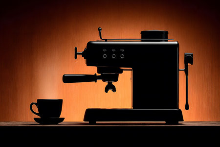 Silhouette of a sleek espresso machine alongside a coffee cup on a wooden counter with a warm gradient background. perfect for coffee enthusiasts, kitchen decor ideas, or cafes seeking modern aesthetics. Generative AIの素材