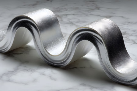 A captivating abstract composition featuring a gracefully undulating silver ribbon set against a white marble backdrop. the interplay of light and texture creates a dynamic visual experience, ideal for modern art and design projects. Generative AIの素材