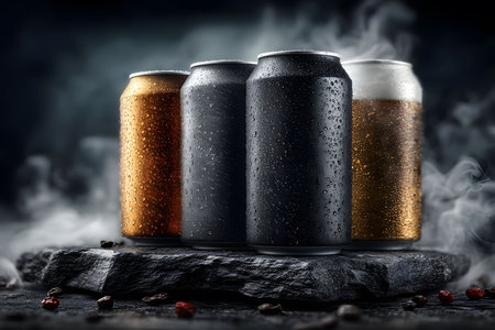 Four beverage cans, adorned with condensation droplets, sit on a smoky stone slab against a dark, atmospheric background. the image exudes a refreshing and mysterious vibe, ideal for promoting drinks or event themes. Generative AIの素材