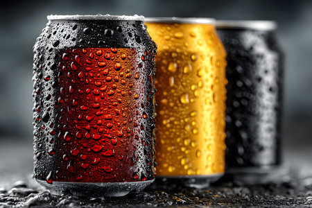 Three colorful soda cans, covered in water droplets, stand in a refreshing and vibrant arrangement. the red, yellow, and black cans evoke a sense of cool, thirst-quenching enjoyment, perfect for summer or beverage promotions. Generative AIの素材