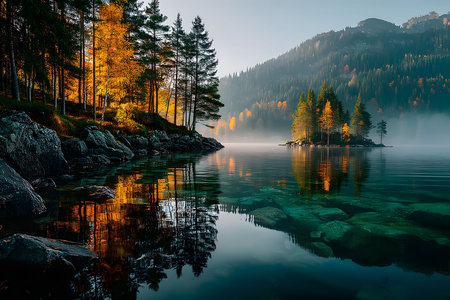 Serene autumn scene with a tranquil lake reflecting vibrant fall foliage and distant misty mountains. a small island adds to the picturesque beauty, ideal for nature-themed wall art or prints. Generative AIの素材