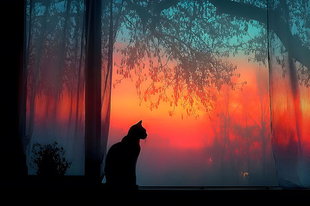 Silhouette of a cat sitting on a windowsill, set against a breathtaking sunrise. the scene is framed by sheer curtains and a tree with budding leaves, creating a serene atmosphere ideal for home decor themes. Generative AIの素材