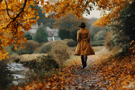 A solitary figure in a long coat and hat walks along a leaf-strewn path surrounded by rich autumn foliage. the quaint houses in the background enhance the serene atmosphere of a peaceful fall day. Generative AIの素材