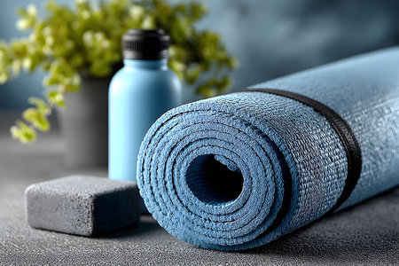 A rolled blue yoga mat, paired with a water bottle and a gray block, set against a blurred background with greenery. perfect for illustrating themes of fitness, wellness, and healthy lifestyle choices. Generative AIの素材