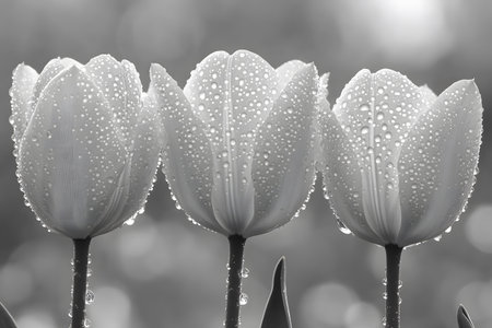 Three tulips in full bloom display a stunning pattern of dewdrops across their petals. captured in a high-contrast black and white setting, the delicate texture and form of each flower are elegantly highlighted. Generative AIの素材