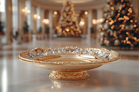 Luxurious gold platter adorned with intricate detailing, set against an elegant holiday interior featuring christmas trees and warm bokeh lights. ideal for themes of luxury, celebration, and festive gatherings. Generative AIの素材