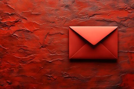 Red envelope placed on a richly textured, deep red surface. the vibrant colors emphasize elegance and bold design, perfect for greeting card backgrounds, invitations, or stationery design inspiration. Generative AIの素材