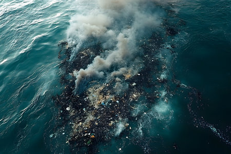 An aerial view significant ocean pollution with smoke rising from burning debris. the scene underscores environmental challenges, emphasizing the urgent need for marine conservation and pollution prevention. Generative AIの素材