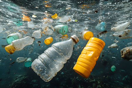 Plastic bottles and debris float in ocean waters, the critical environmental issue of marine pollution. the image emphasizes the urgent need for action against plastic waste in our oceans. Generative AIの素材