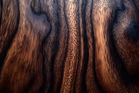Close-up of a walnut wood surface showcasing intricate natural patterns and rich dark brown hues. perfect for use in interior design, backgrounds, and decorative elements, organic beauty and elegance. Generative AIの素材